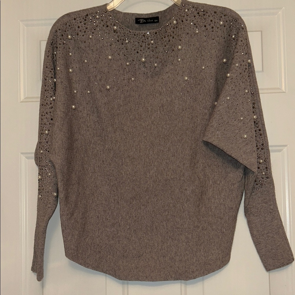 Be Mine Sweater Pearl Rhinestone S/M Gray Dolman Sleeve Loose Stretch Glam
